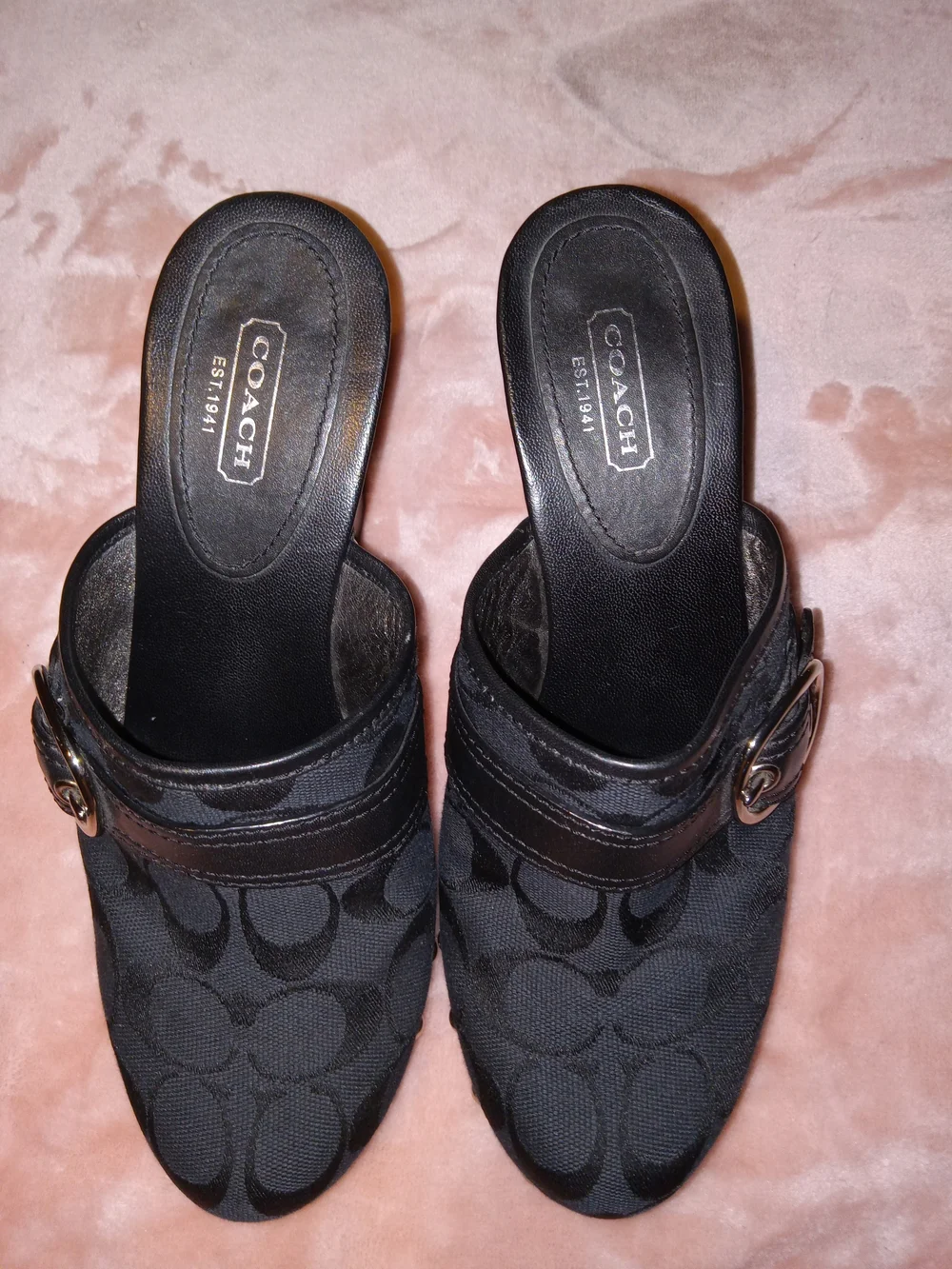 Coach Black Signature Fabric Mule Slides with Buckle